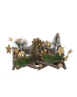 Wood Pine & Bauble C/Holder For 2 Candles