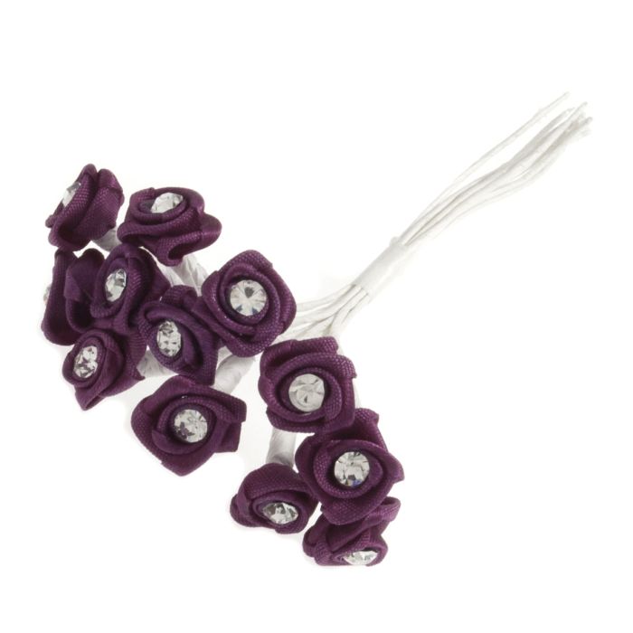 Diamante Ribbon Rose x 12 x 6 Bunches Plum