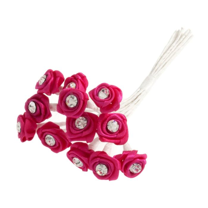 Diamante Ribbon Rose x 12 x 6 Bchs Hot Pink