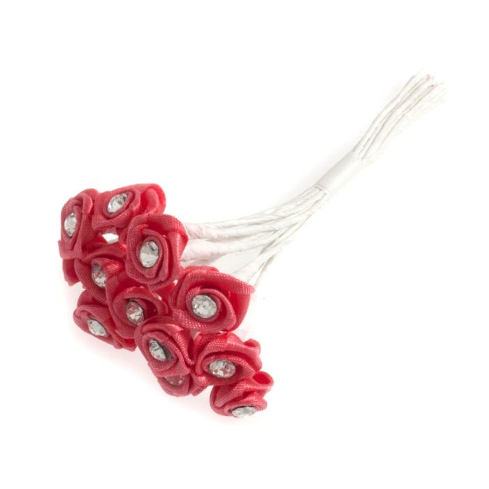 Diamante Ribbon Rose x 12 x 6 Bunches Dark Coral
