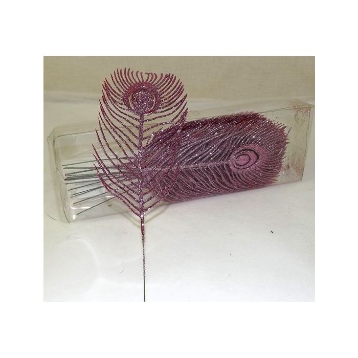 Glitter Peacock Leaf 22cm x 16pcs Pink