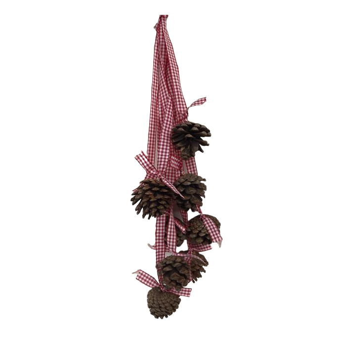 9 Pine Cone Hanger Red Natural Ribbon 35cm