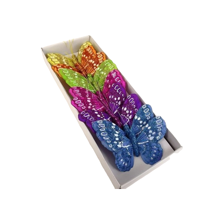10cm Glitter Butterflies Bl/Lil/Or/Gr/Ht Pk/Yel x 12pcs