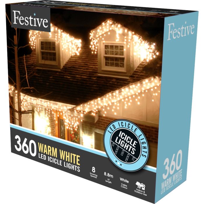 360 Warm White Led Snowing Icicle Lights - Timer