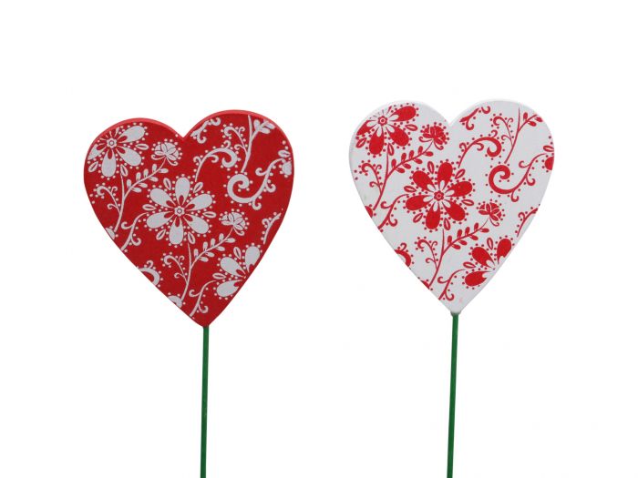 Pack Of 12 Hearts On Stick Red/White 27cm