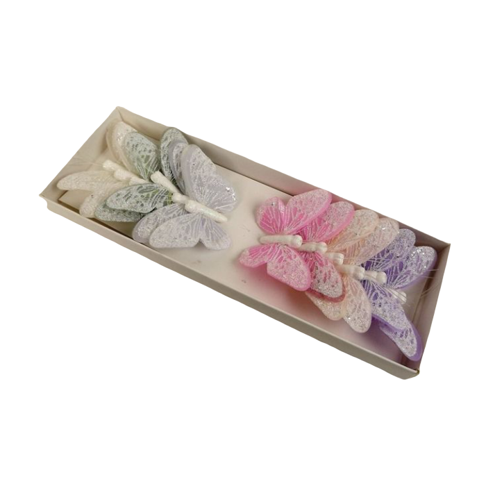 7cm Pastel Sparkle Feather Butterflies Assorted x 12pcs