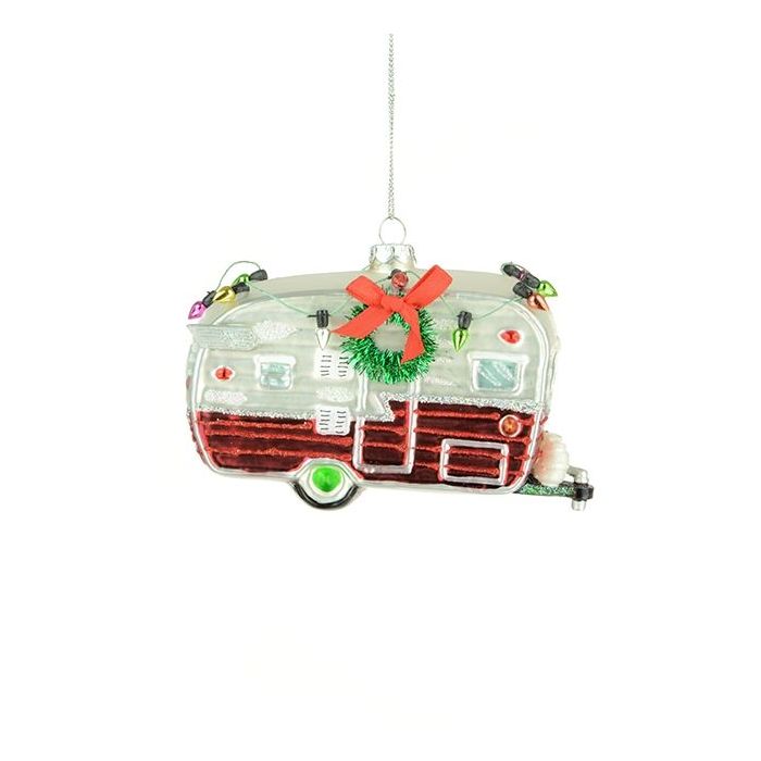 GLASS Christmas Caravan 7cm Red/White