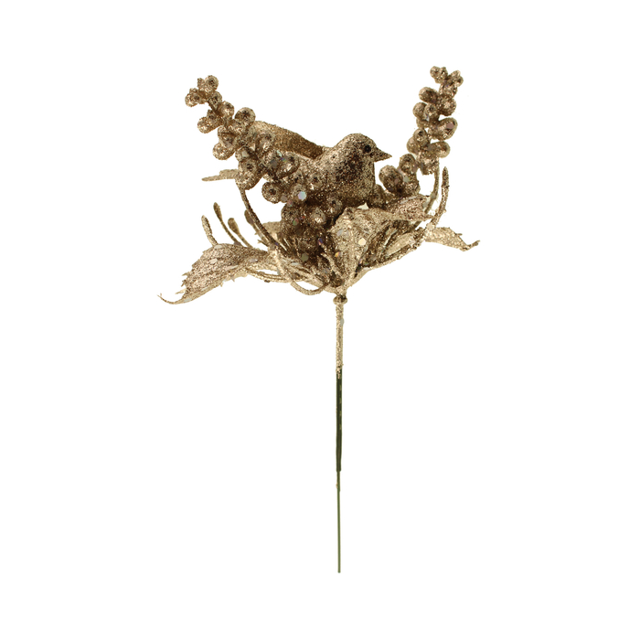 20cm Glittered Bird and Berry Pick Champagne