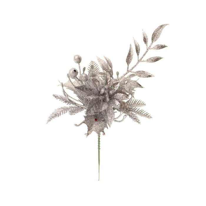 22cm Glittered Pick with Poinsettia & Berries Silver