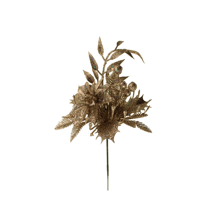 22cm Glittered Pick with Poinsettia & Berries Champagne