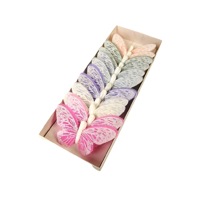 10cm Pastel Sparkle Feather Butterflies Assorted x 12