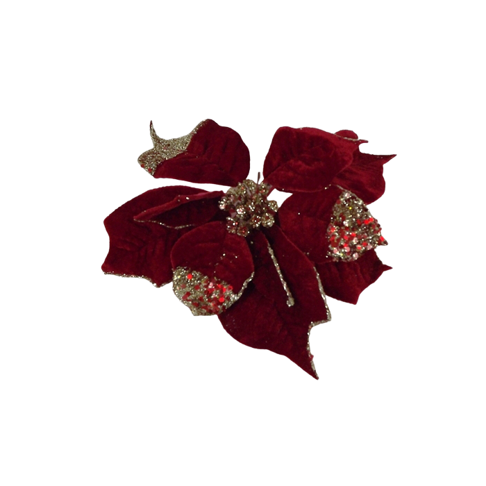 24cm Velvet Poinsettia w/Clip Red