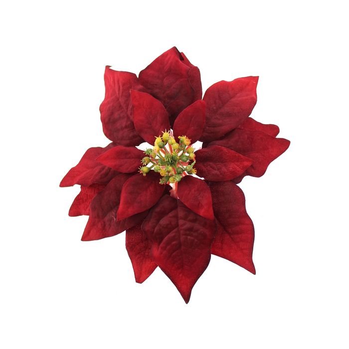 24cm Velvet Poinsettia Head W/Clip Red