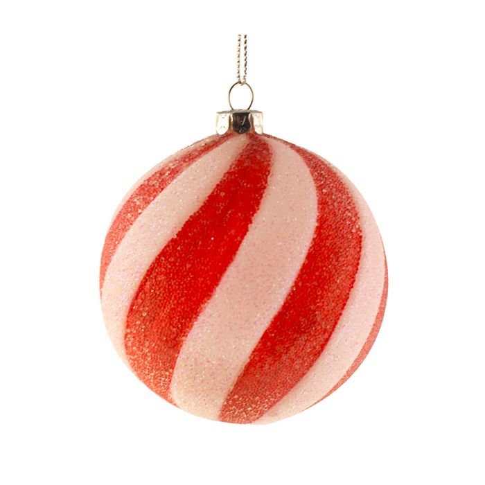 8cm Candy Stripe Hanging Glittered Ball Red/White