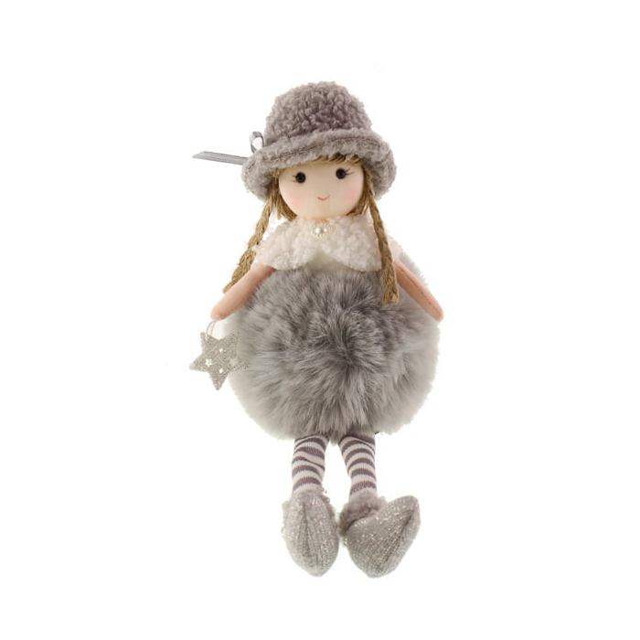 24cm Faux Fur Sitting Girl with Star Grey