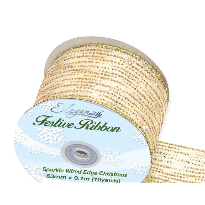Eleganza Satin Wired Edge Festive Shimmer Gold 63mm x 9.1mtr