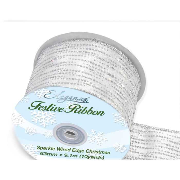 Eleganza Satin W/Edge Festive Shimmer Silver 63mm x 9.1mtr