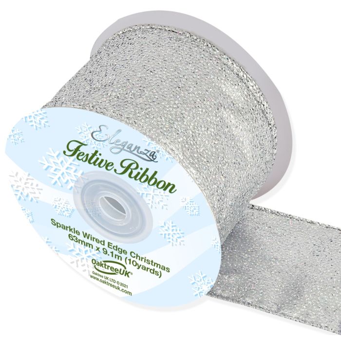 Sparkle Wired Edge Ribbon 63mm x 9.1mtrs Silver