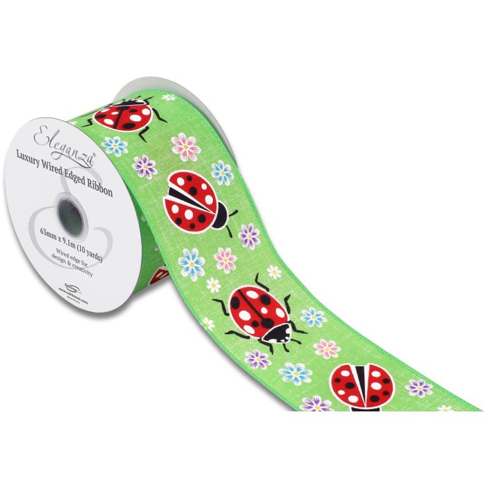 Wired Edge 63mm x 9.1mtr Floral Ladybird Lime Green