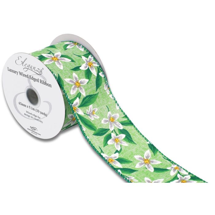 Wired Edge 63mm x 9.1mtr Floral Pattern Green/White