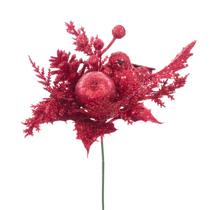 Glitter Bird Pick 21cm Red