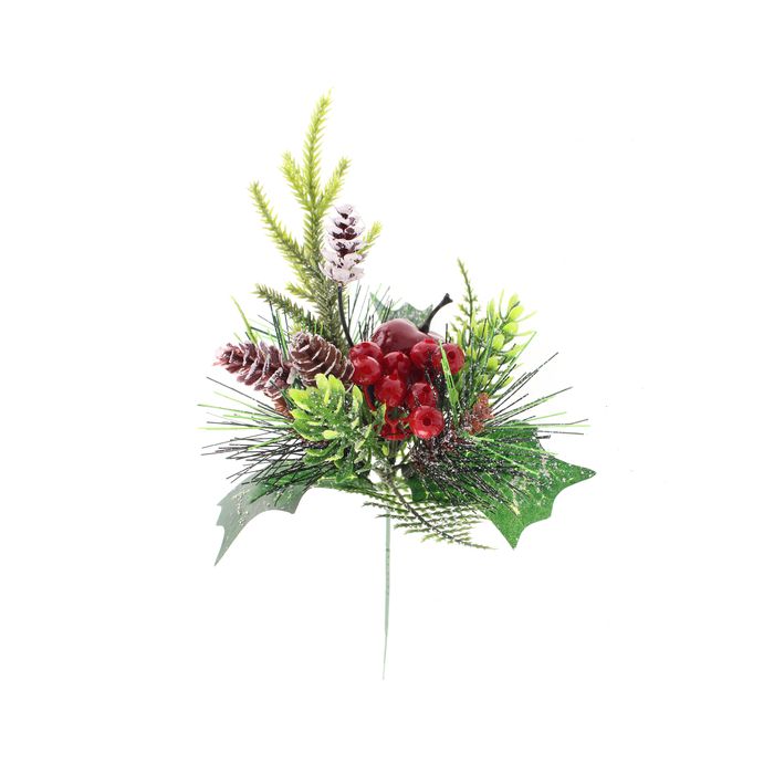 25cm Glittered Pick with Apples, Pine & Berries Green