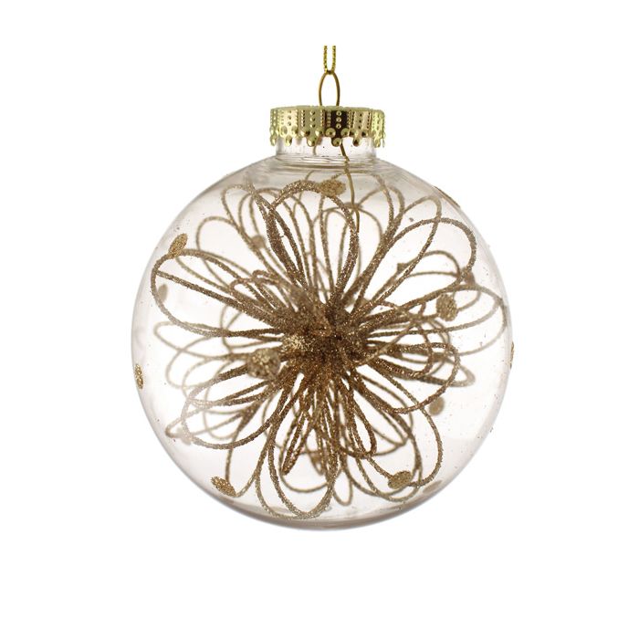 10cm Hanging Bauble with Glittered Flower Decor Gold