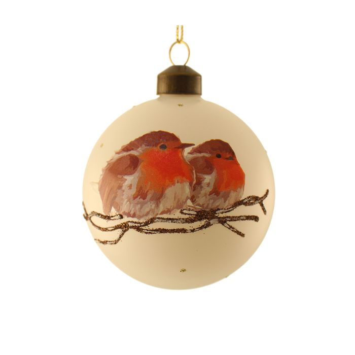 8cm Glass Robin Bauble White