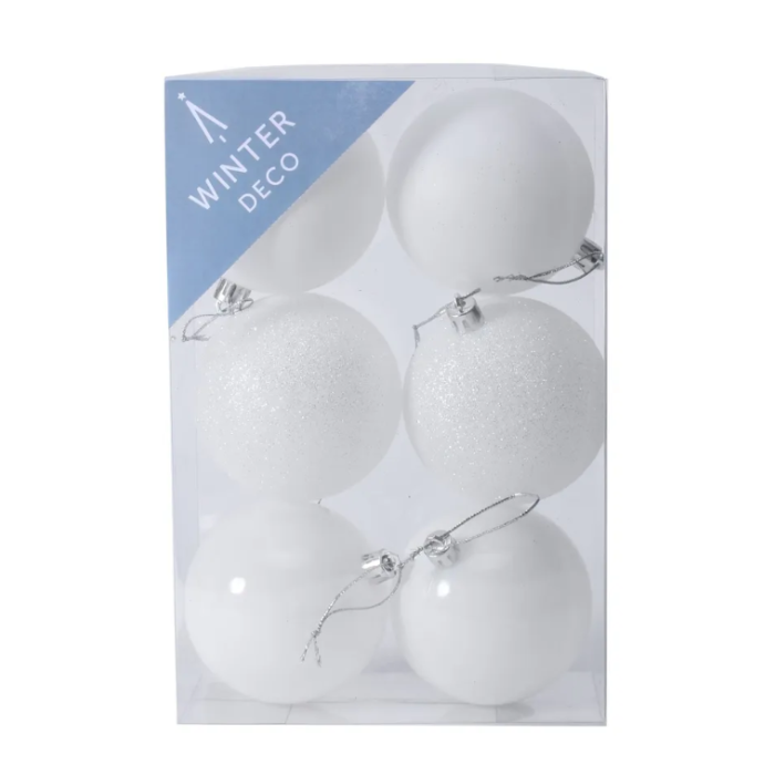 White Shatterproof Baubles (8cm) (6 pieces)