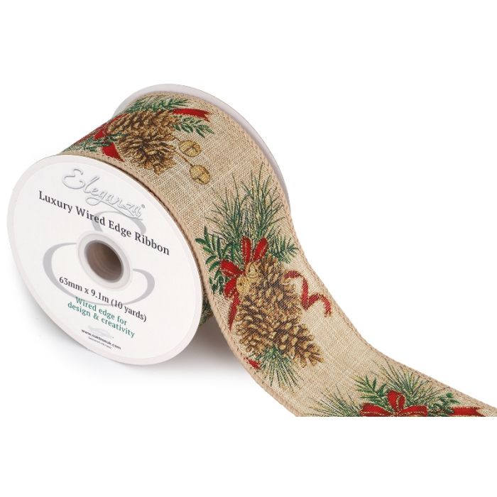 Eleganza Wired Edge Pine Cone Christmas Glitter 63mm x 9.1m