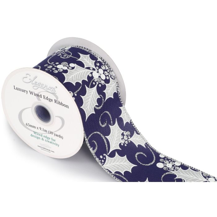 Eleganza Wired Edge Metallic Holly/Berries Silver/Blue 63mm