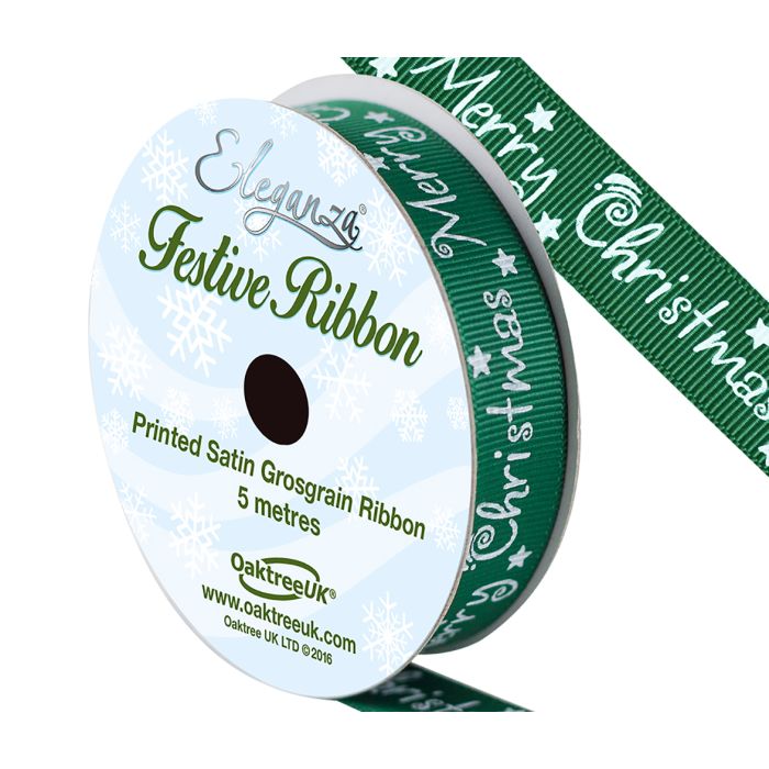 Eleganza Satin Grosgrain Merry Christmas Green 15mm x 5mtrs