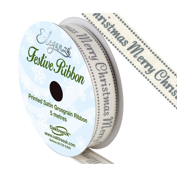 Eleganza Satin Grosgrain Merry Christmas Silver 15mm x 5mtrs