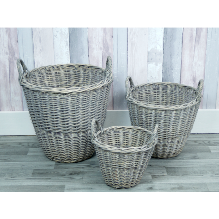 Set Of 3 Greywashed Willow Baskets