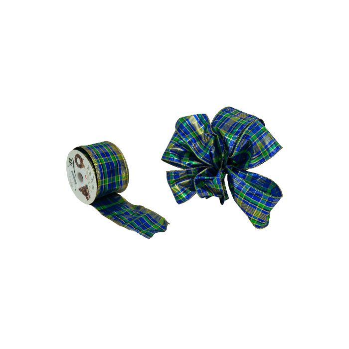63mm x 10yds Blue/Green/Gold Wired Tartan Ribbon