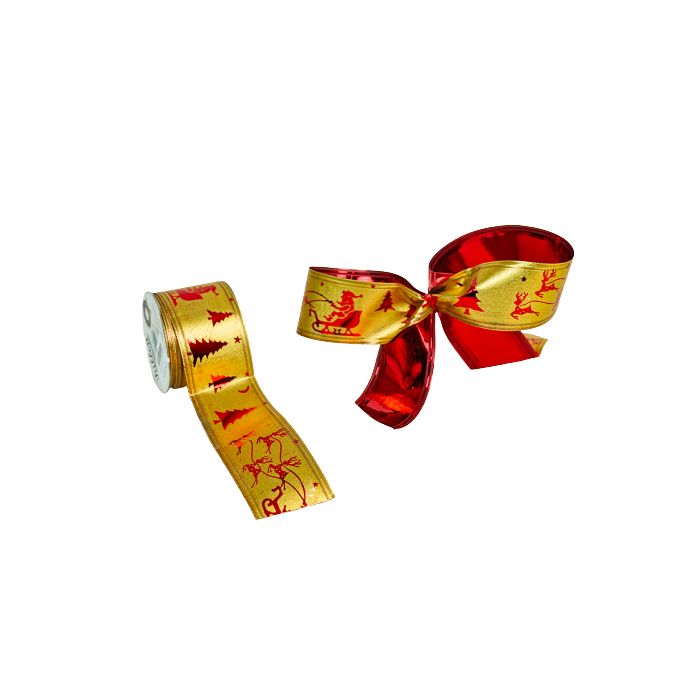 50mm x 10yds Stiff Foil Wired Edge Santa Red/Gold