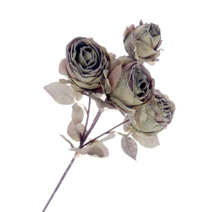 Vintage Antique Rose Faux Dried Flowers Green (4 heads, 54cm long)