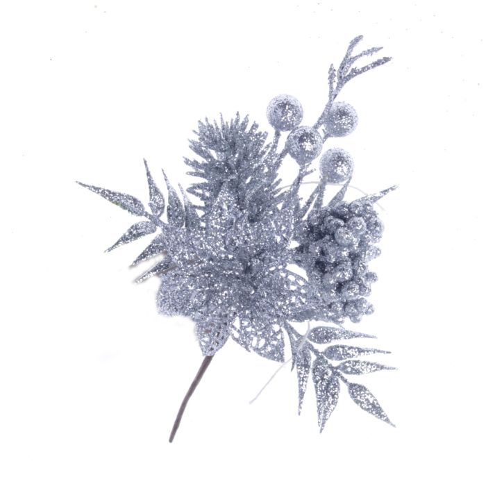 Silver Glittered Poinsettia Pick - Silver (21cm long)