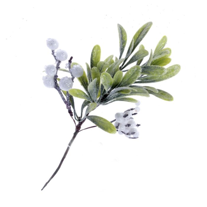 Glittered White Berry & Leaf Spray - White/Green (27cm long)