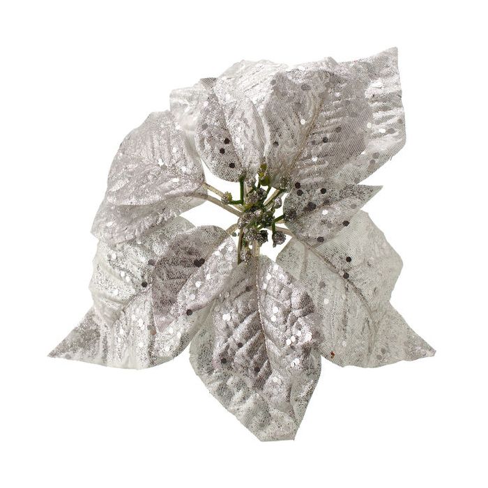 25cm Metallic Poinsettia Head with Clip Silver