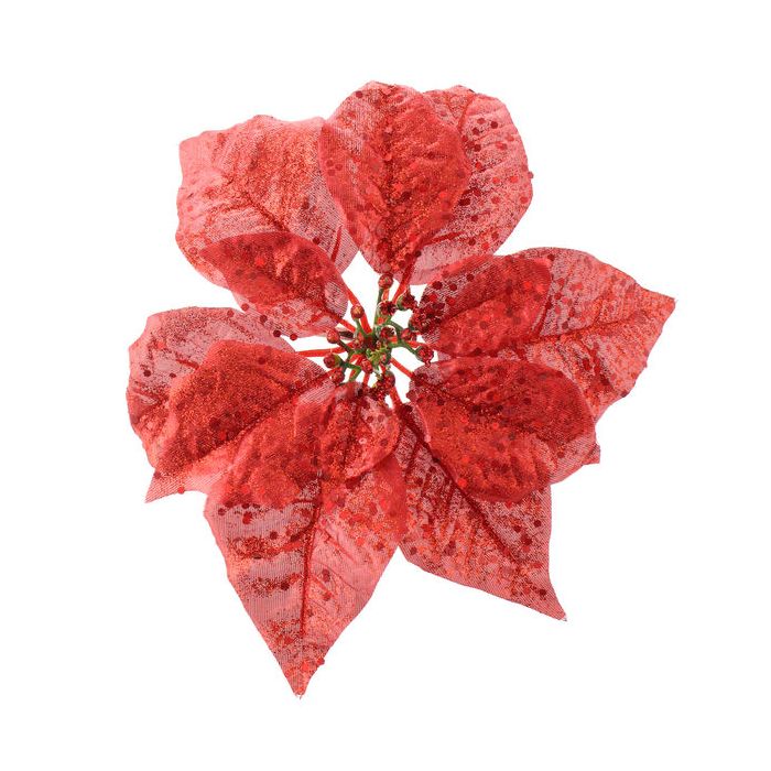 25cm Metallic Poinsettia Head with Clip Red