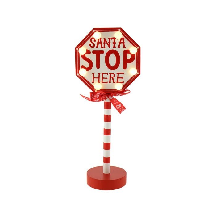 28.5cm Wood LED Stop Here Santa Sign Red