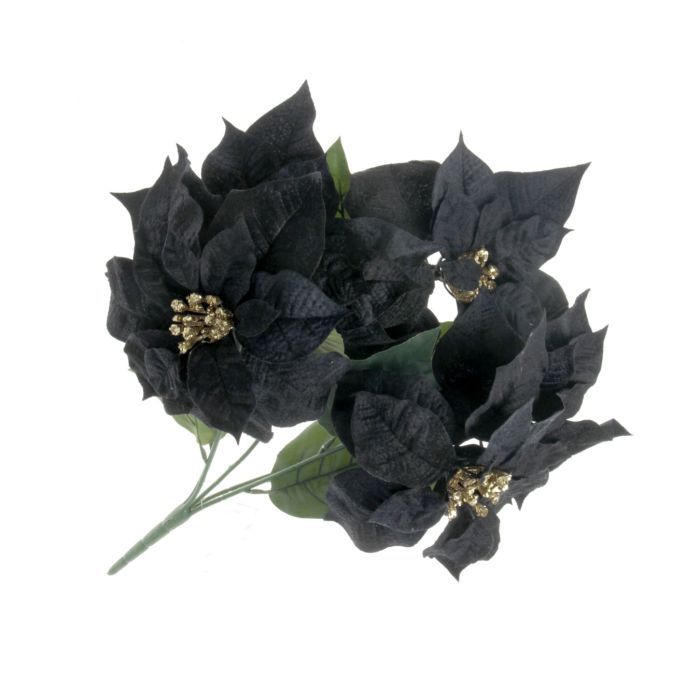 47cm Velvet Poinsettia Bush with 5 heads - Black