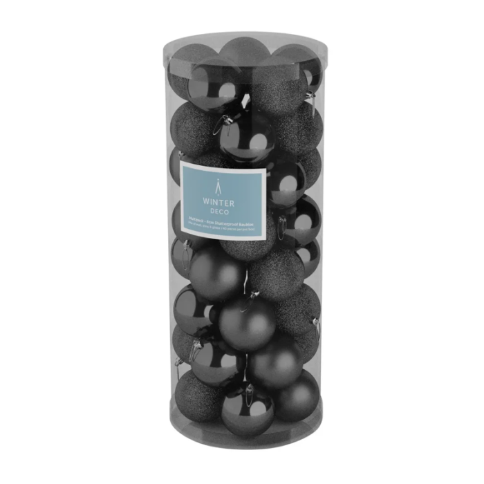 8cm Shatterproof Baubles Black x 48 (Matt, Shiny, Glitter)