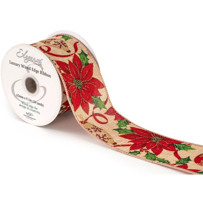 Eleganza Wired Poinsettia/Holly 63mm x 9.1mtrs