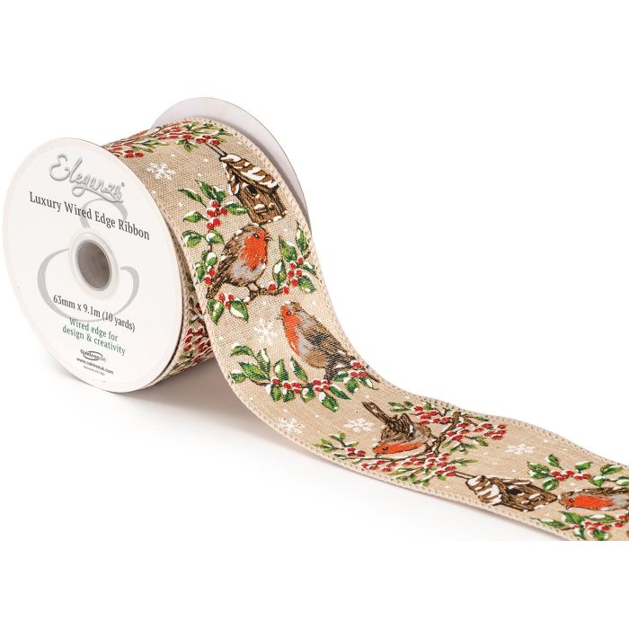 Luxury Wired Ribbon: Festive Robin - 63mm Luxury Wired Ribbon: Festive Robin - 63mm