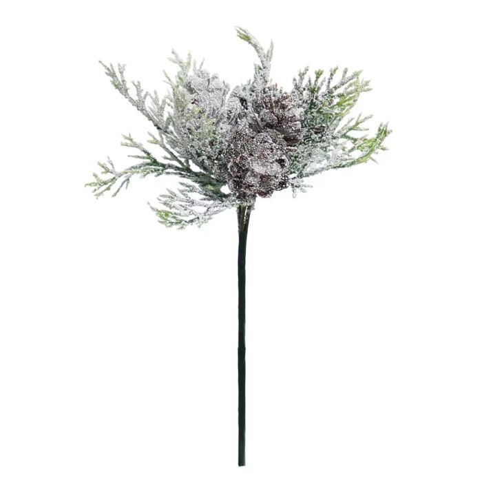 Frosted Foliage/Cone Pick 20cm