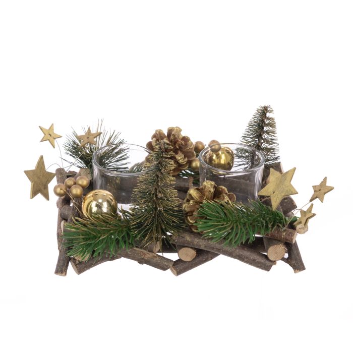 Wood Pine & Bauble C/Holder For 2 Candles