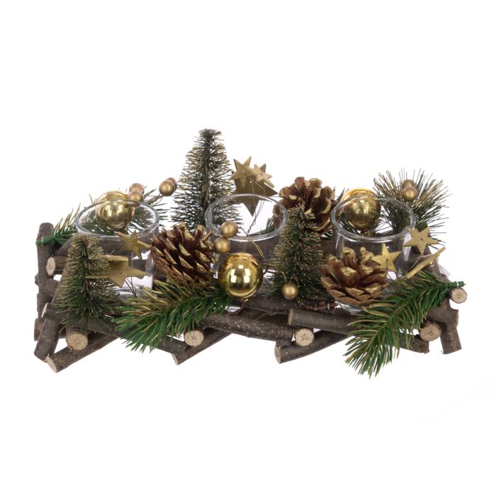 Wood Pine & Bauble C/Holder For 3 Candles