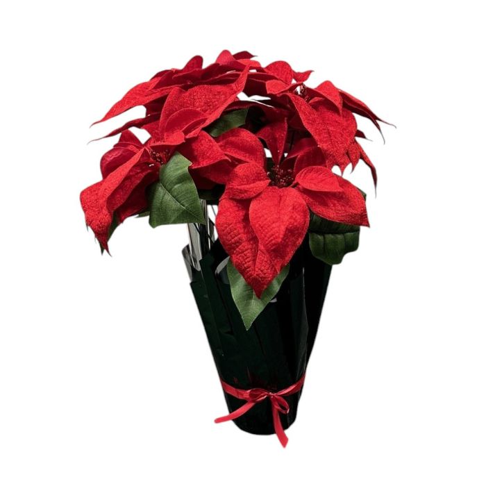 Potted Artificial Velvet Poinsettia with 8 heads - Red (55cm long)